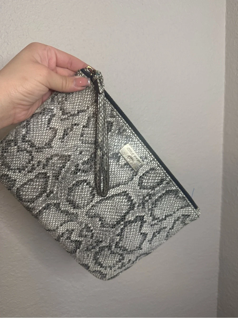Cole Haan Snake-Print Wristlet Clutch in Gray and Black